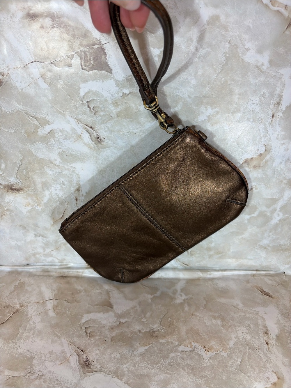 Sharif Metallic Bronze Leather Wristlet Zip Pouch Wallet Small Clutch - Picture 4 of 5